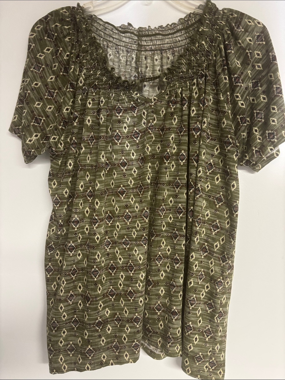 New Ohiostyle by Ohiotec Olive Green Smocked Neck Geometric Print Blouse
